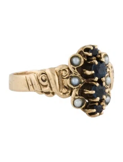 Pre-owned Ring Vintage 14k Sapphire & Pearl Cocktail In Multi