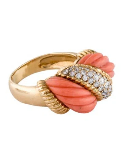 Pre-owned Ring Vintage 18k Diamond & Coral Cocktail  In Multi