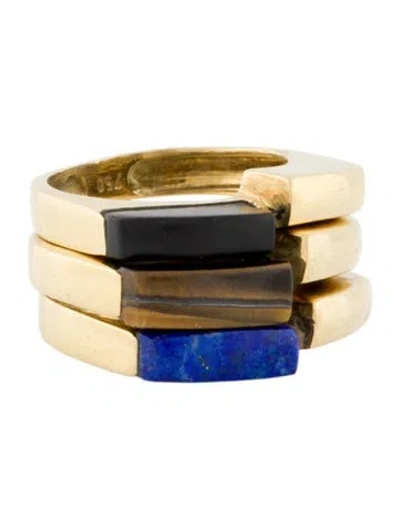 Pre-owned Ring Vintage 18k Lapis Lazuli, Onyx & Tiger's Eye Quartz Stacking  Set In Multi