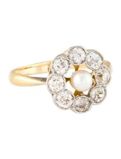 Pre-owned Ring Vintage 18k Pearl & Diamond Cluster  In Multi