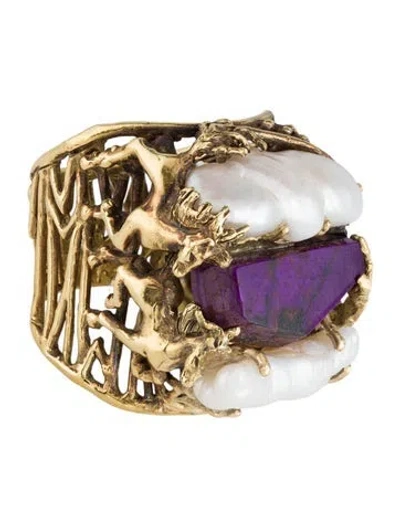 Pre-owned Ring Vintage 18k Pearl, Sugilite, & Emerald Cocktail  In Multi
