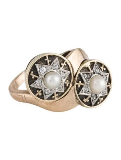 Pre-owned Ring Vintage Pearl & Diamond Twin Star Cocktail  In Multi