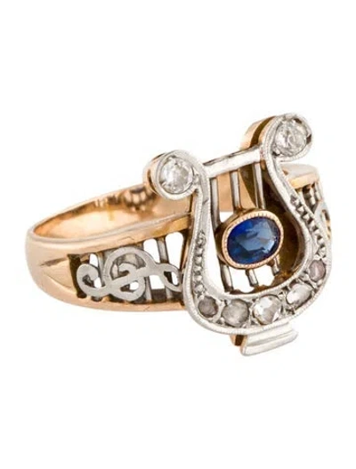 Pre-owned Ring Vintage Sapphire & Diamond Harp Cocktail  In Multi