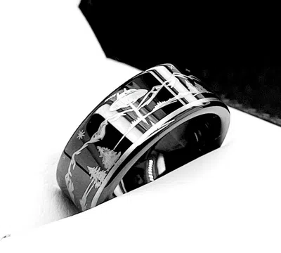 Pre-owned Rings Paradise Alien Ship Arrival Scene Engraved Black Tungsten Carbide Ring, Men's Ring, Ufo
