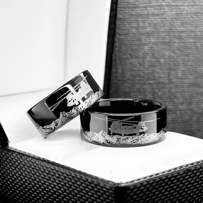 Pre-owned Rings Paradise Helicopter Over Mountains Range Pattern Engraved Black Tungsten Ring, Mens Ring
