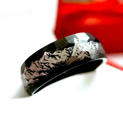 Pre-owned Rings Paradise Mountains Range Pattern Engraved Black Hammered Mens Tungsten Ring, Wedding Band