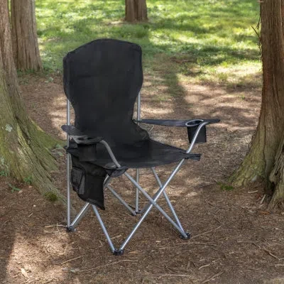 Rio Brands Camp & Go Heated Deluxe Quad Outdoor Camping Chair, Folding Heated Chair With 18" Usb Cable, Storage In Black