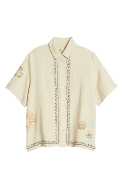 Rip Curl Beach Party Embroidered Linen Blend Camp Shirt In Off White