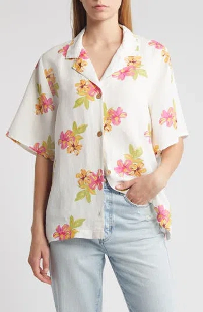 Rip Curl Cabana Floral Linen Blend Camp Shirt In Multi Ivory