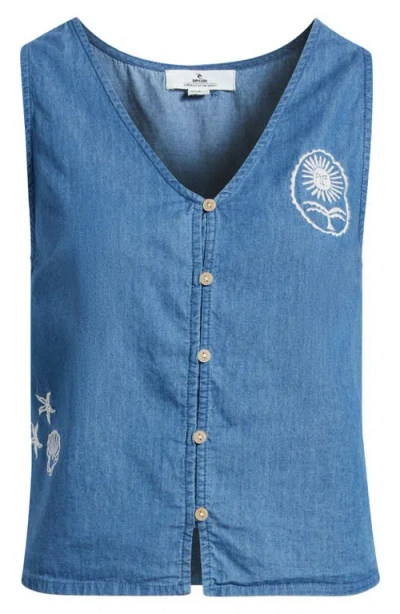 Rip Curl Catalina Island Denim Button-up Sleeveless Top In Blue