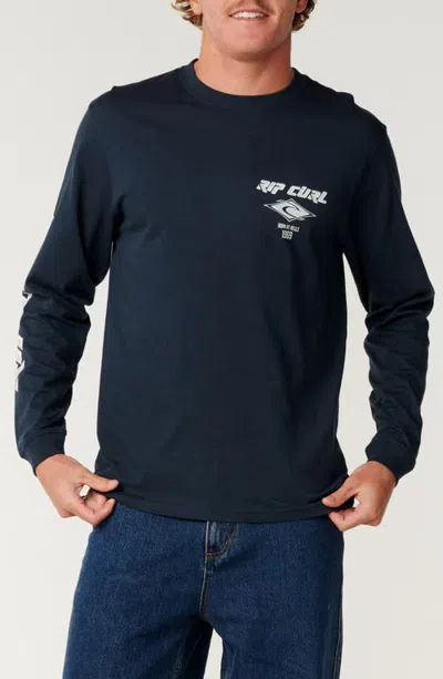 Rip Curl Fade Out Icon Long Sleeve Organic Cotton Graphic T-shirt In Dark Navy