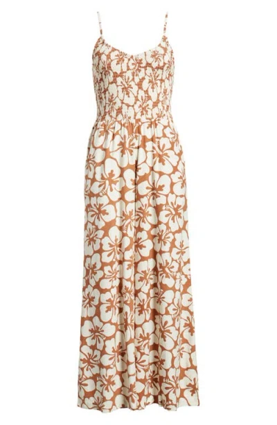 Rip Curl Hibiscus Heat Smocked Jumpsuit In Brown