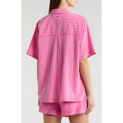 Rip Curl Hotel Malibu Embroidered Yarn Dyed Stripe Button-up Shirt In Pink