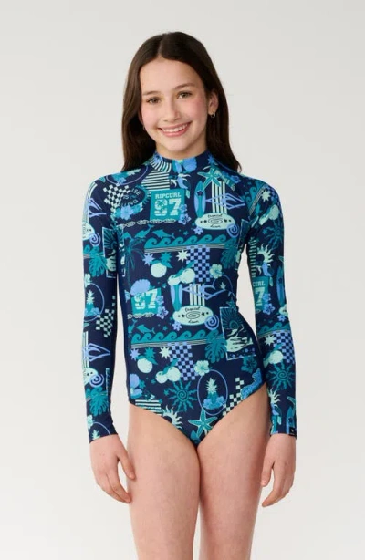 Rip Curl Kids' Costa Del Sol Long Sleeve One-piece Swimsuit In Blue