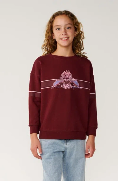 Rip Curl Kids' Dolphin Archive Crewneck Sweatshirt In Burgundy