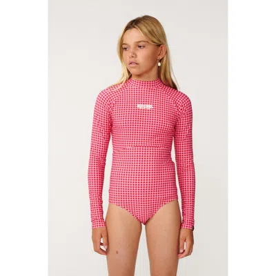 Rip Curl Kids' Island Check Long Sleeve One-piece Rashguard Swimsuit In Deep Red/pink