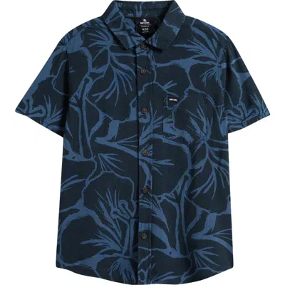 Rip Curl Kids' Print Short Sleeve Button-up Shirt In Blue