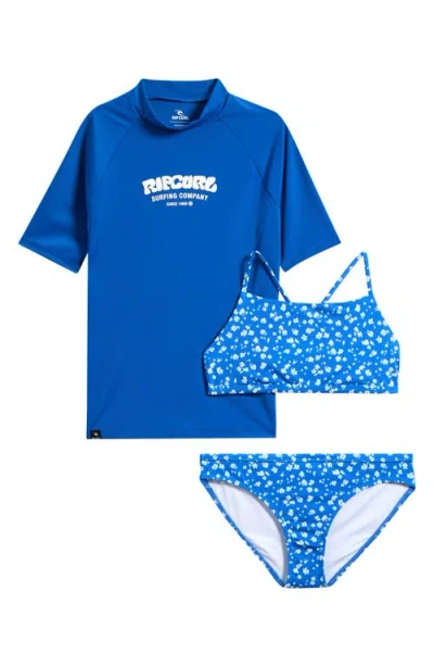 Rip Curl Kids' Surf Puff Floral Print 3-piece Swimsuit Set In Blue