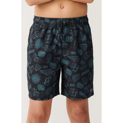 Rip Curl Kids' Surf Shack Yardage Volley Swim Trunks In Black