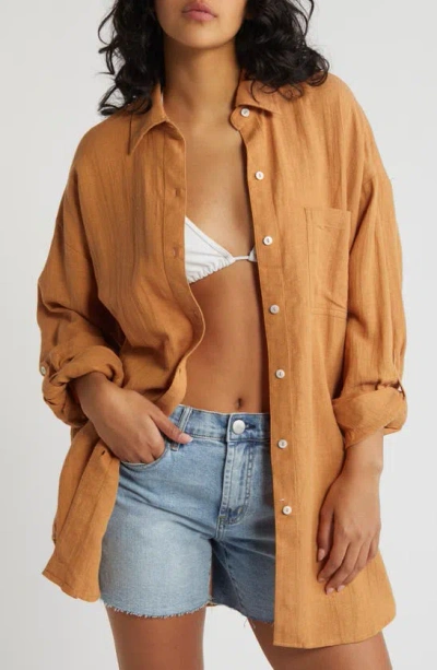 Rip Curl Premium Linen Button-up Blouse In Toffee