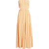 Rip Curl Premium Surf Stripe Strapless Tiered Cotton Maxi Dress In Mango
