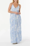 Rip Curl Print Knotted Sleeveless Tiered Maxi Sundress In Blue