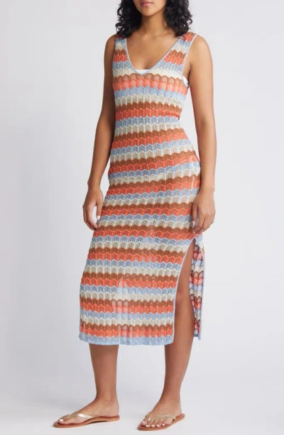 Rip Curl Santorini Sun Pointelle Stitch Sweater Midi Dress In Multi Color Red