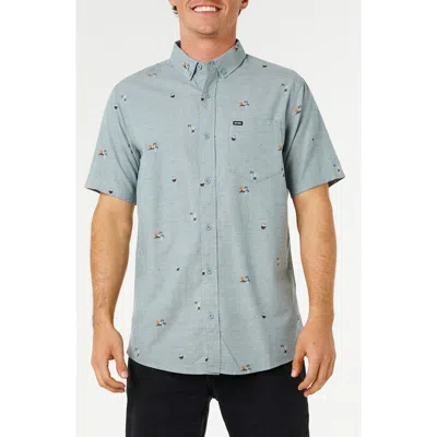 Rip Curl Skelly Breach Tropical Print Short Sleeve Cotton Chambray Button-down Shirt In Blue