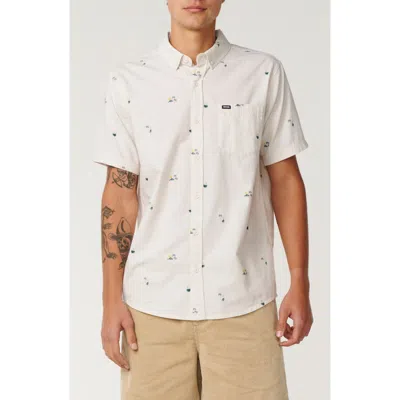 Rip Curl Skelly Breach Tropical Print Short Sleeve Cotton Chambray Button-down Shirt In Bone
