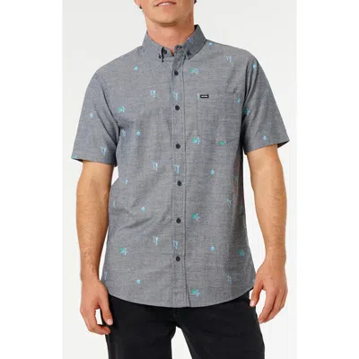 Rip Curl Skelly Breach Tropical Print Short Sleeve Cotton Chambray Button-down Shirt In Gray