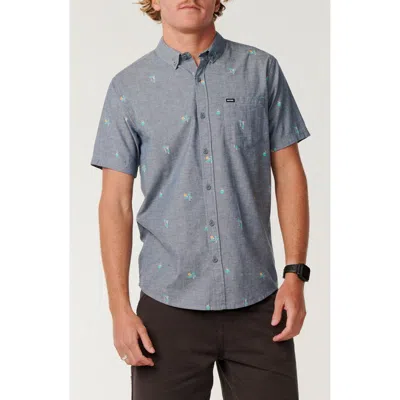 Rip Curl Skelly Breach Tropical Print Short Sleeve Cotton Chambray Button-down Shirt In Light Navy