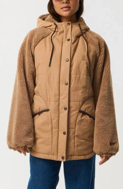 Rip Curl S-series Splice Faux Shearling Sleeve Puffer Jacket In Brown