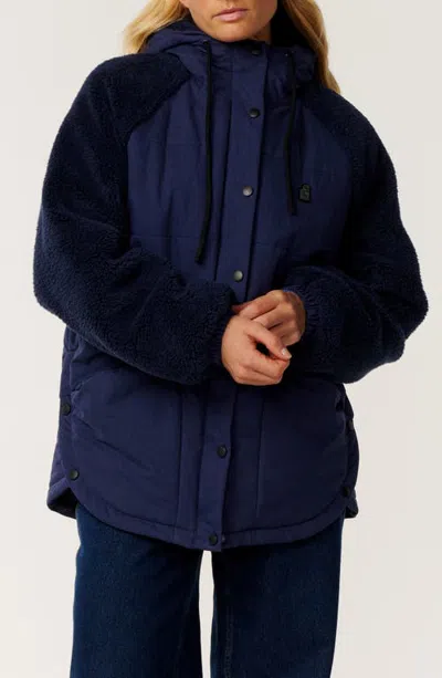 Rip Curl S-series Splice Faux Shearling Sleeve Puffer Jacket In Blue