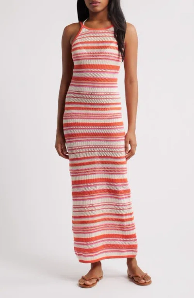 Rip Curl Sun To Sea Stripe Open Stitch Maxi Dress In Mid Pink