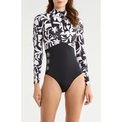 Rip Curl Topanga Geometric Print Embroidered Long Sleeve One-piece Rashguard Swimsuit In Black