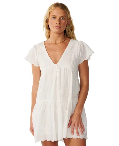 Rip Curl Women's Bossa Nova Embroidered V-neck Flutter-sleeve Dress In Bone