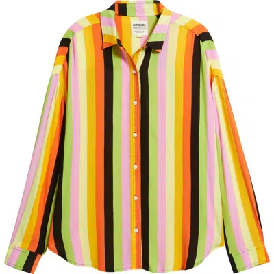 Rip Curl X Farm Rio Neon Stripe Relaxed Button-up Shirt In Multi