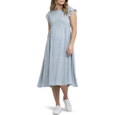 Ripe Maternity Ava Floral Shirred Midi Maternity Dress In Blue