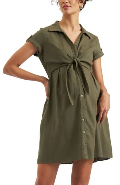 Ripe Maternity Colette Tie Up Dark Blue Linen Nursing Dress For Summer In Green