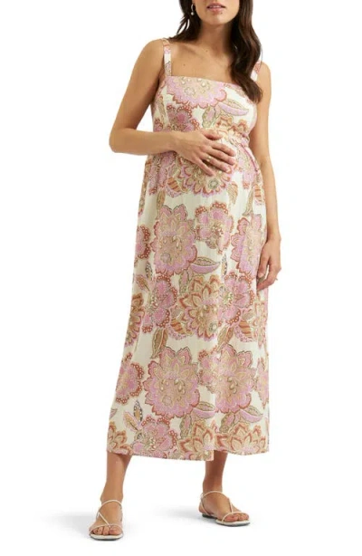 Ripe Maternity Hope Tie Back Linen Blend Dress In Multi
