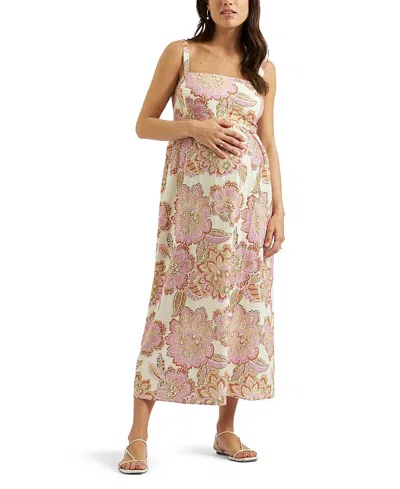 Ripe Maternity Hope Tie Back Linen Dress In Pink/natural