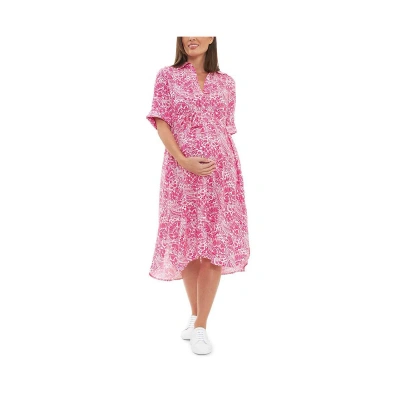 Ripe Maternity Janis Button Through Shirt Dress Hot Pink/white In Hot Pink,white