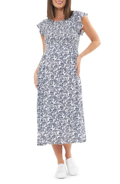 Ripe Maternity Joyce Smocked Maternity Dress In White / Navy