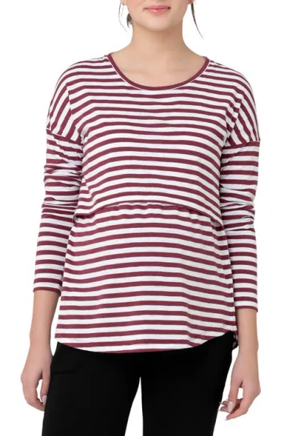 Ripe Maternity Lionel Stripe Long Sleeve Maternity/nursing T-shirt In Maroon/white