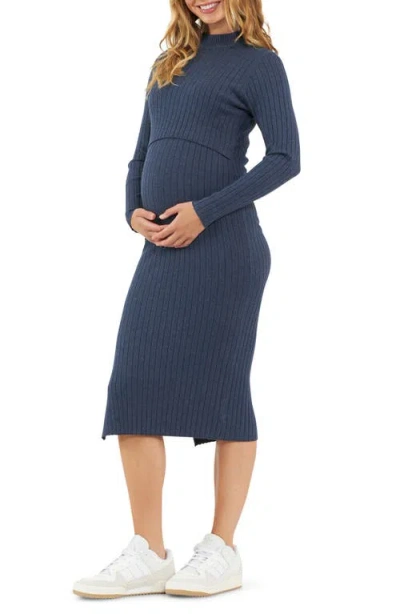 Ripe Maternity Nella Rib Nursing Knit Midi Dress In Denim Marle