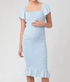 RIPE MATERNITY SELMA SHIRRED DRESS IN BABY BLUE