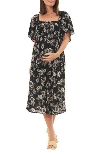 Ripe Maternity Trina Floral Shirred Midi Maternity Dress In Black,natural