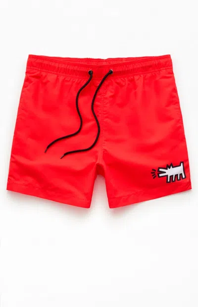 Ripple Junction Men's Keith Haring Dog 4.5" Swim Trunks In Red