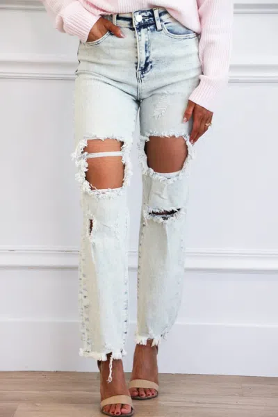 Risen Alice Distressed High Waisted Straight Jeans In Acid Light Wash In Blue