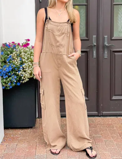 Risen Around Town Wide Leg Cargo Overalls In Sepia In Brown